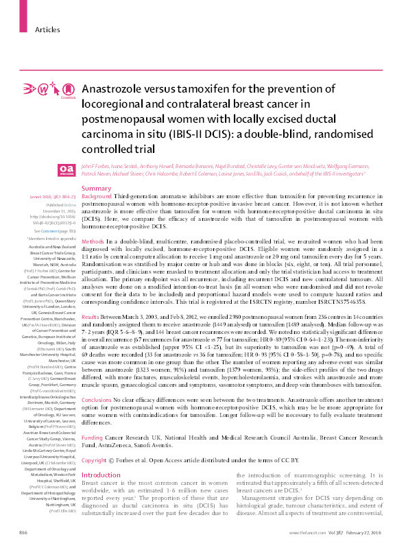 Anastrozole versus tamoxifen for the prevention of locoregional and contralateral breast cancer in postmenopausal women with locally excised ductal carcinoma in situ (IBIS-II DCIS): a double-blind, randomised controlled trial Thumbnail