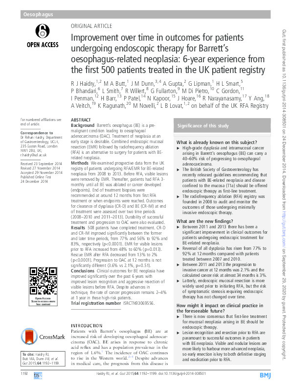 Improvement over time in outcomes for patients undergoing endoscopic therapy for Barrett's oesophagus-related neoplasia: 6-year experience from the first 500 patients treated in the UK patient registry Thumbnail