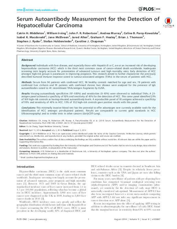 Serum autoantibody measurement for the detection of hepatocellular carcinoma Thumbnail