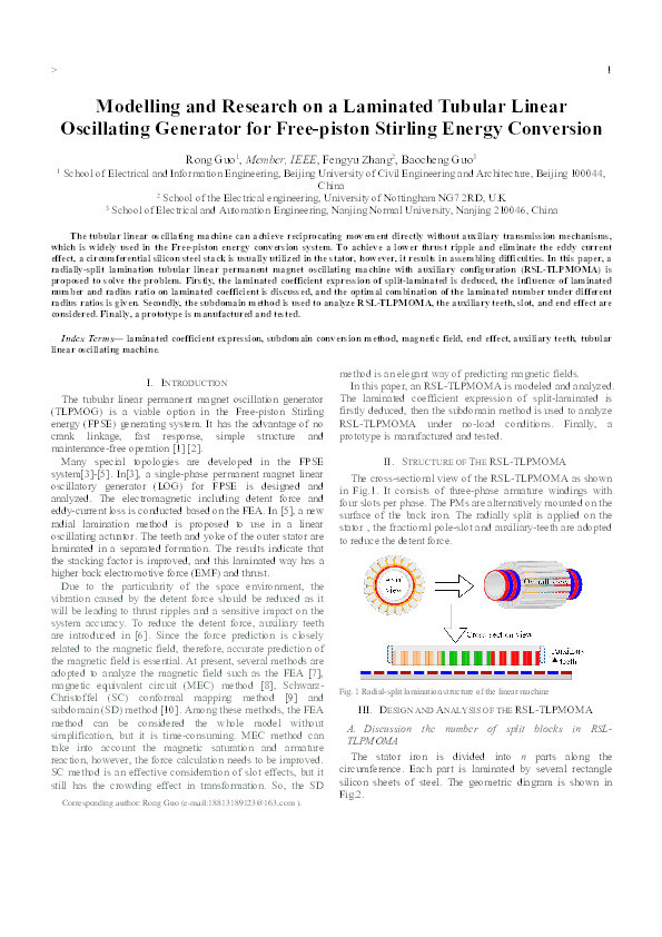 Modeling and Research on a Laminated Tubular Linear Oscillating Generator for Free-Piston Stirling Energy Conversion Thumbnail