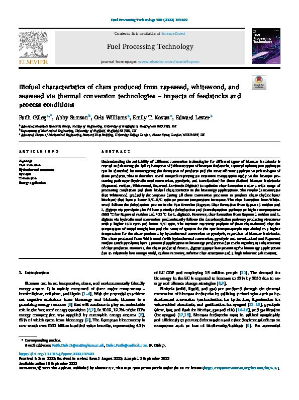 Biofuel characteristics of chars produced from rapeseed, whitewood, and seaweed via thermal conversion technologies – Impacts of feedstocks and process conditions Thumbnail