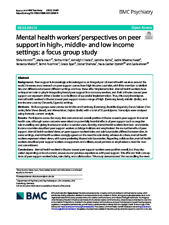 Mental health workers’ perspectives on peer support in high-, middle- and low income settings: a focus group study Thumbnail