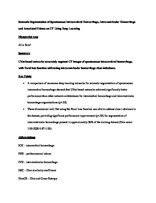 Semantic Segmentation of Spontaneous Intracerebral Hemorrhage, Intraventricular Hemorrhage, and Associated Edema on CT Images Using Deep Learning Thumbnail