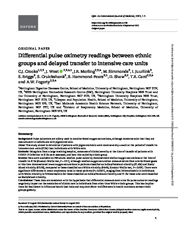 Differential pulse oximetry readings between ethnic groups and delayed transfer to intensive care units Thumbnail