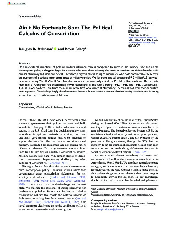 Ain’t No Fortunate Son: The Political Calculus of Conscription Thumbnail