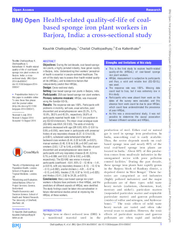 Health-related quality-of-life of coal-based sponge iron plant workers in Barjora, India: a cross-sectional study Thumbnail