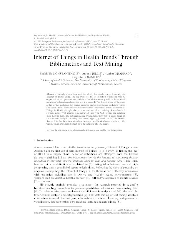 Internet of Things in Health Trends Through Bibliometrics and Text Mining Thumbnail