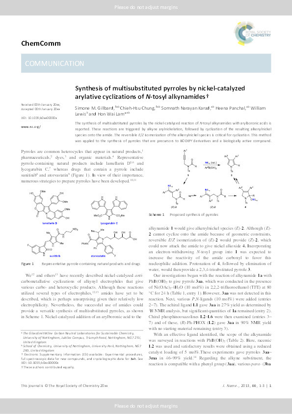 Synthesis of multisubstituted pyrroles by nickel-catalyzed arylative cyclizations of N-tosyl alkynamides Thumbnail