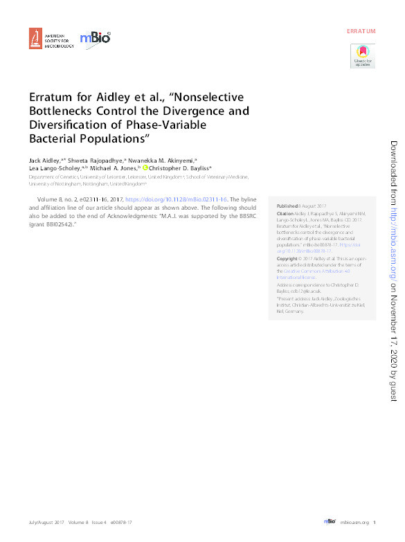 Erratum for Aidley et al., “Nonselective Bottlenecks Control the Divergence and Diversification of Phase-Variable Bacterial Populations” Thumbnail