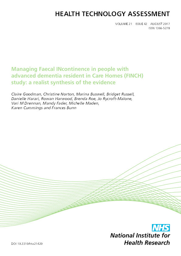 Managing Faecal INcontinence in people with advanced dementia resident in Care Homes (FINCH) study: a realist synthesis of the evidence Thumbnail