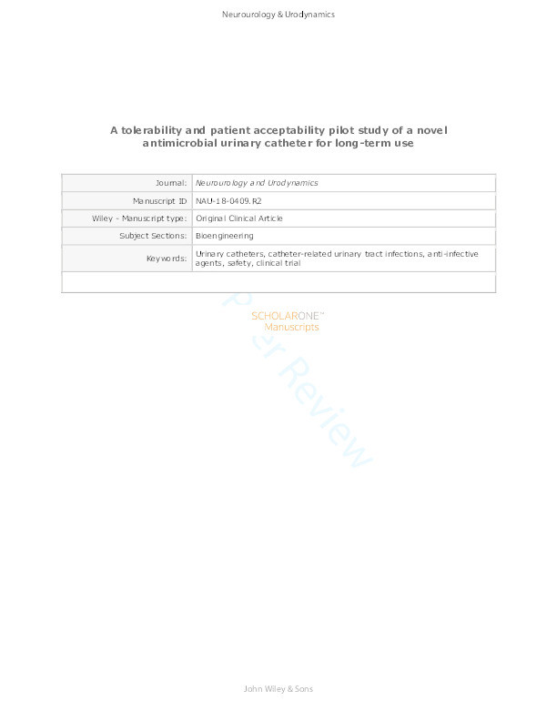 A tolerability and patient acceptability pilot study of a novel antimicrobial urinary catheter for long-term use Thumbnail