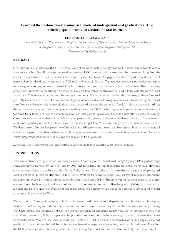 A coupled thermal-mechanical numerical model of underground coal gasification (UCG) including spontaneous coal combustion and its effects Thumbnail