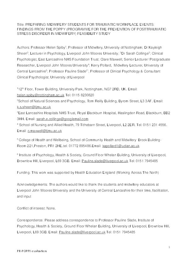 Preparing midwifery students for traumatic workplace events: findings from the POPPY (Programme for the Prevention of Posttraumatic Stress Disorder in Midwifery) feasibility study Thumbnail