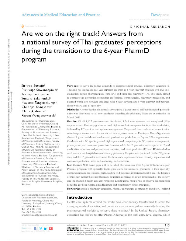 Are we on the right track? Answers from a national survey of Thai graduates’ perceptions during the transition to the 6-year PharmD program Thumbnail