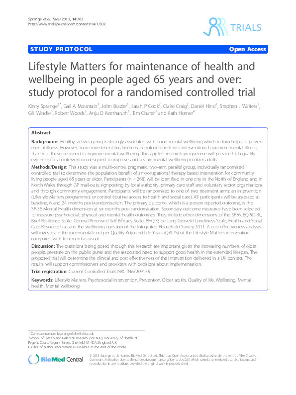 Lifestyle matters for maintenance of health and wellbeing in people aged 65 years and over: study protocol for a randomised controlled trial Thumbnail