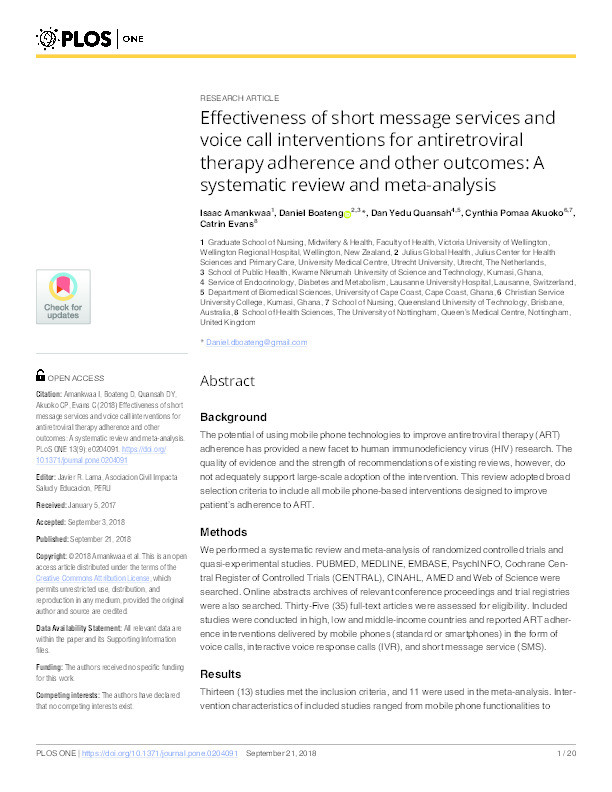 Effectiveness of short message services and voice call interventions for antiretroviral therapy adherence and other outcomes: A systematic review and meta-analysis Thumbnail