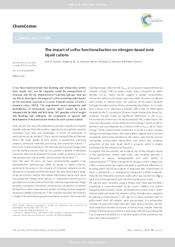 The impact of sulfur functionalisation on nitrogen-based ionic liquid cations Thumbnail