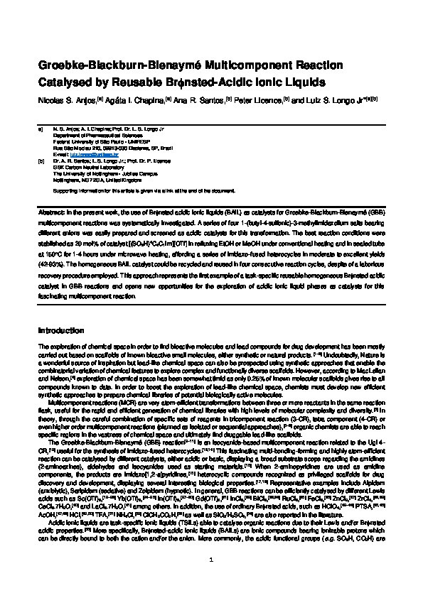 Groebke-Blackburn-Bienaymé Multicomponent Reaction Catalysed by Reusable Brϕnsted-Acidic Ionic Liquids Thumbnail