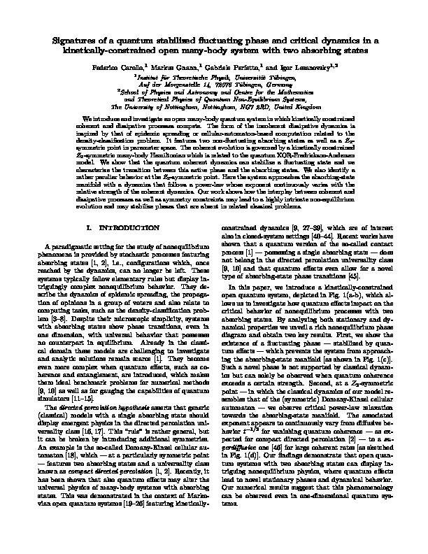 Signatures of a quantum stabilized fluctuating phase and critical dynamics in a kinetically constrained open many-body system with two absorbing states Thumbnail