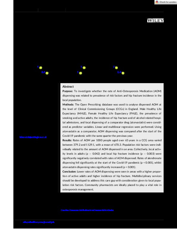 Anti-osteoporosis medication dispensing by clinical commissioning groups in England – an ecological study of variability in practice and of the effect of the Covid-19 pandemic Thumbnail