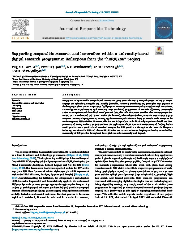 Supporting Responsible Research and Innovation within a University-based digital research programme: reflections from the “hoRRIzon” project Thumbnail