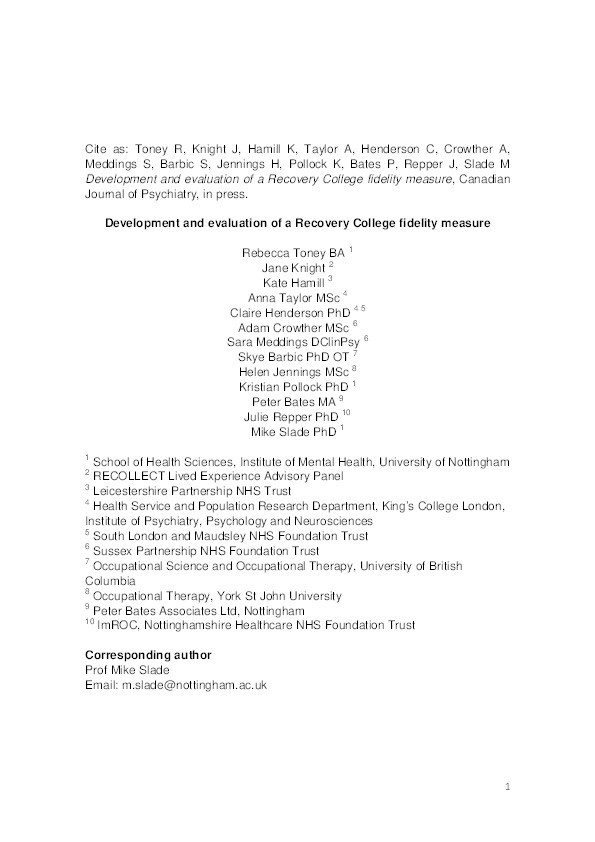 Development and Evaluation of a Recovery College Fidelity Measure Thumbnail