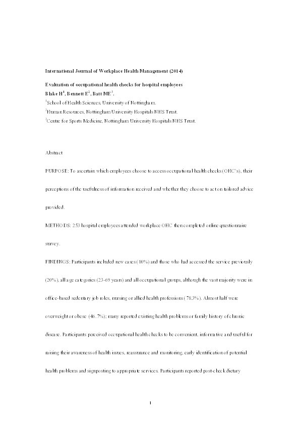 Evaluation of occupational health checks for hospital employees Thumbnail