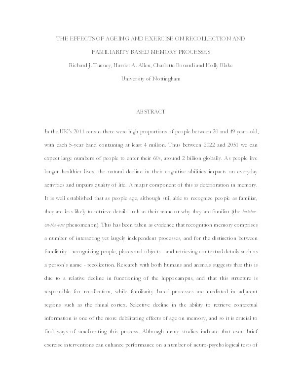 The effects of ageing and exercise on recollection and familiarity based memory processes Thumbnail