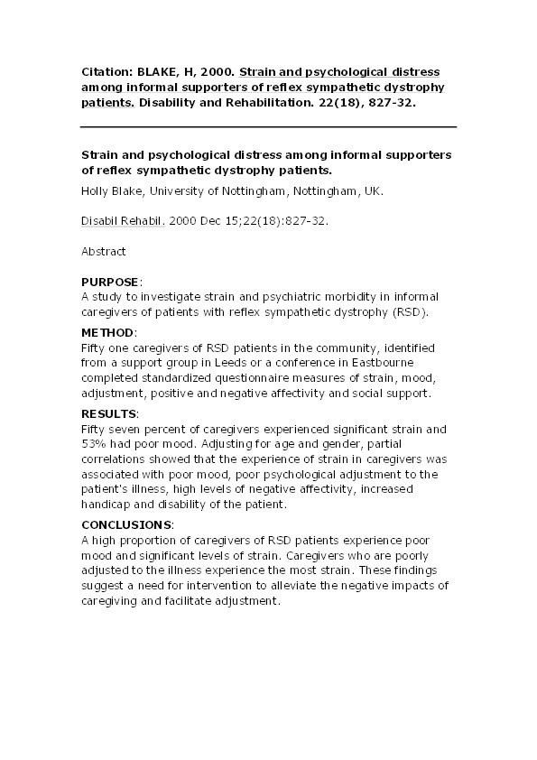 Strain and psychological distress among informal supporters of reflex sympathetic dystrophy patients Thumbnail