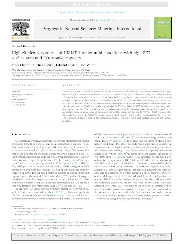 High efficiency synthesis of HKUST-1 under mild conditions with high BET surface area and CO2 uptake capacity Thumbnail