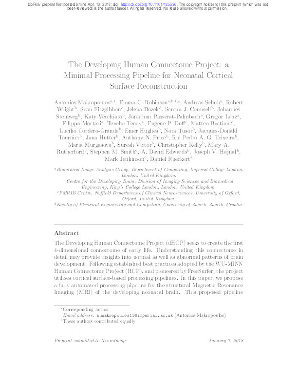 The Developing Human Connectome Project: a minimal processing pipeline for neonatal cortical surface reconstruction Thumbnail