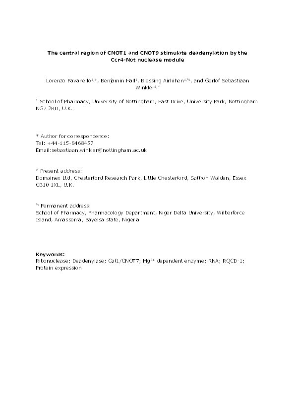 The central region of CNOT1 and CNOT9 stimulate deadenylation by the Ccr4 Not nuclease module Thumbnail