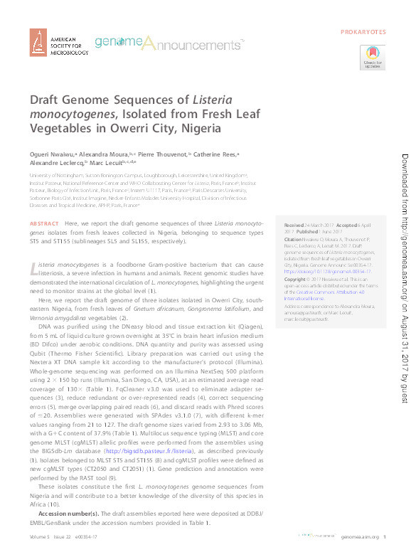 Draft genome sequences of Listeria monocytogenes, isolated from fresh leaf vegetables in Owerri City, Nigeria Thumbnail