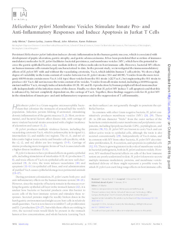 Helicobacter pylori membrane vesicles stimulate innate pro- and anti-inflammatory responses and induce apoptosis in Jurkat T cells Thumbnail