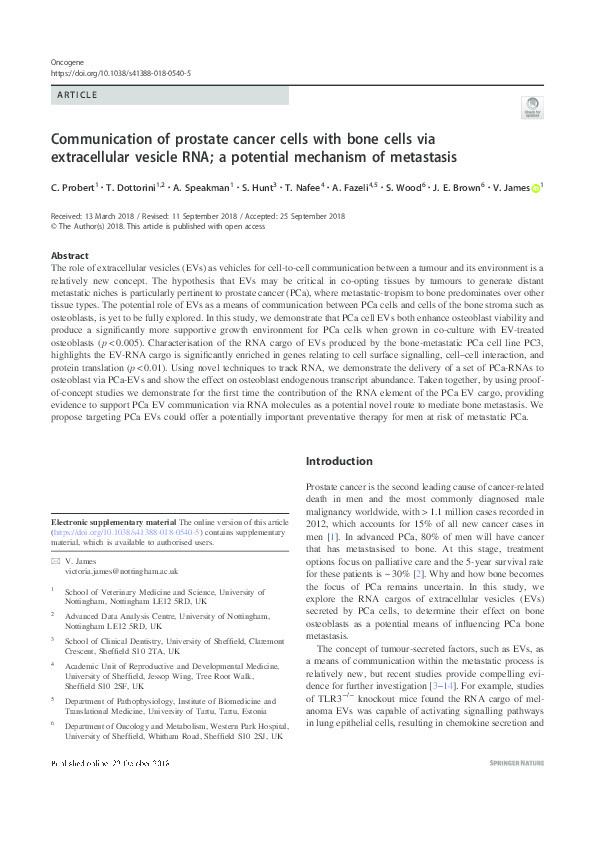 Communication of prostate cancer cells with bone cells via extracellular vesicle RNA; a potential mechanism of metastasis Thumbnail