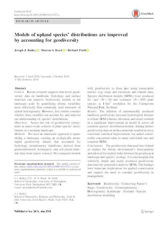 Models of upland species’ distributions are improved by accounting for geodiversity Thumbnail
