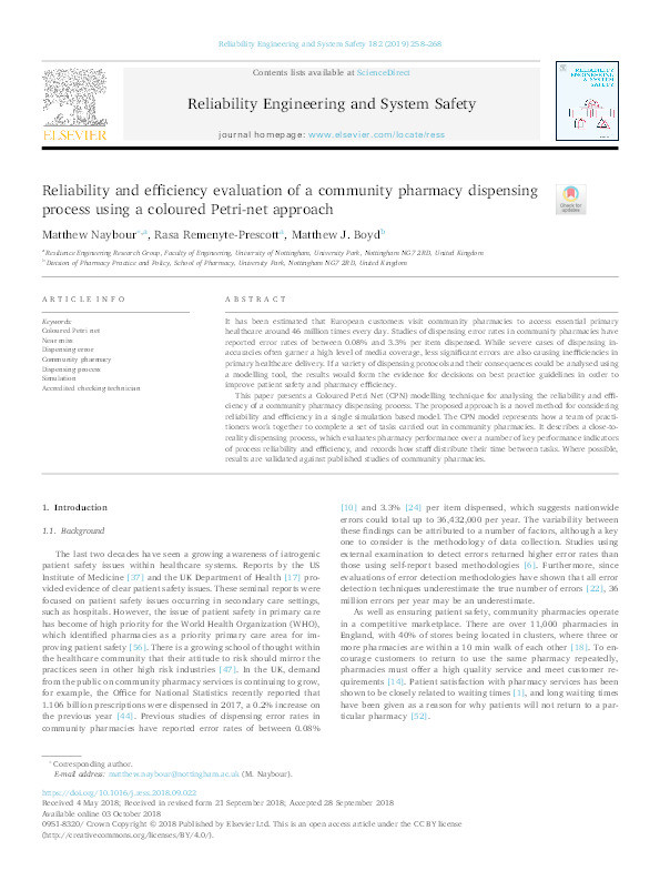 Reliability and efficiency evaluation of a community pharmacy dispensing process using a coloured Petri-net approach Thumbnail