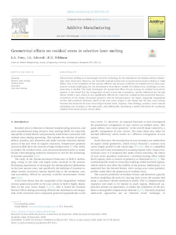 Geometrical effects on residual stress in selective laser melting Thumbnail