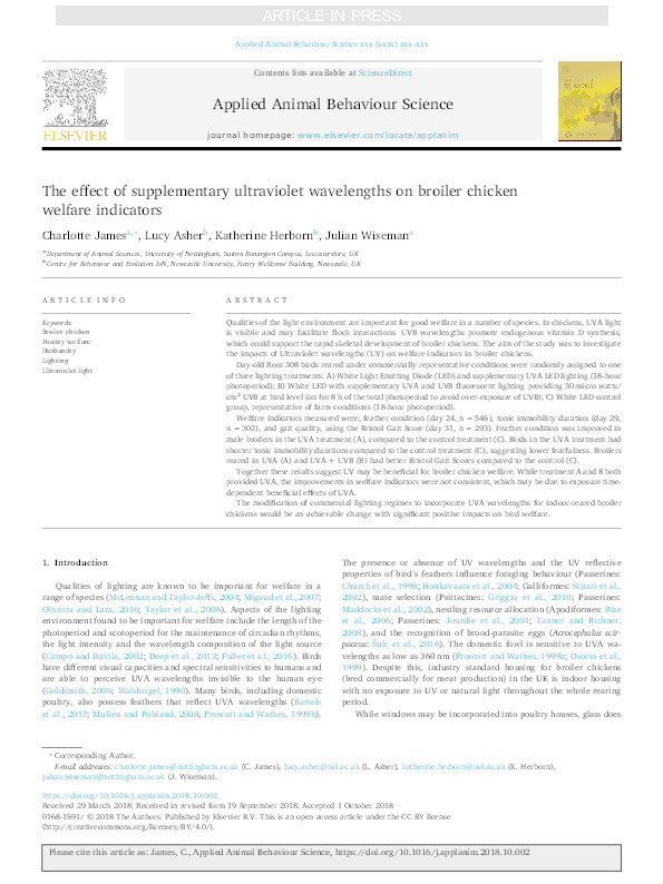 The effect of supplementary ultraviolet wavelengths on broiler chicken welfare indicators Thumbnail