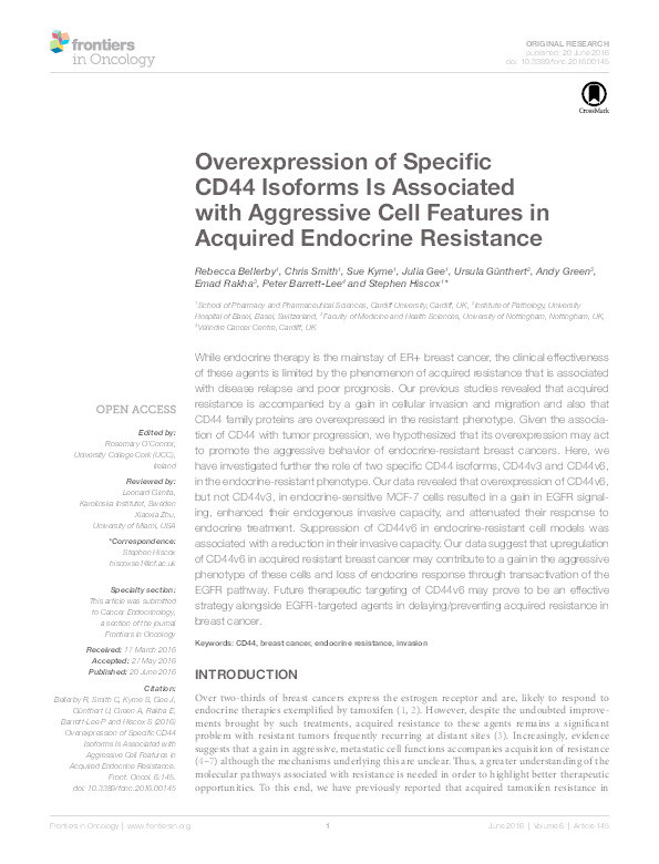 Overexpression of specific CD44 isoforms is associated with aggressive cell features in acquired endocrine resistance Thumbnail