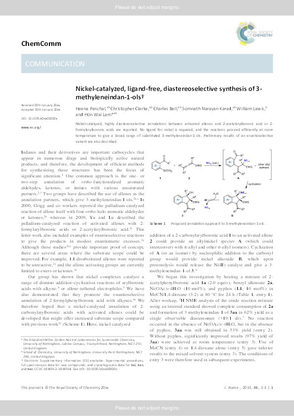 Nickel-catalyzed, ligand-free, diastereoselective synthesis of 3-methyleneindan-1-ols Thumbnail