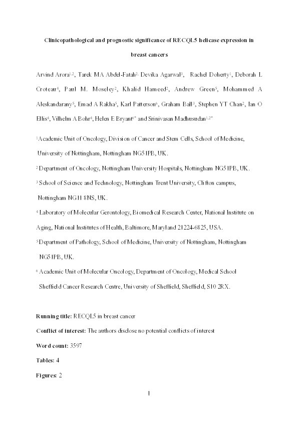 Clinicopathological and prognostic significance of RECQL5 helicase expression in breast cancers Thumbnail