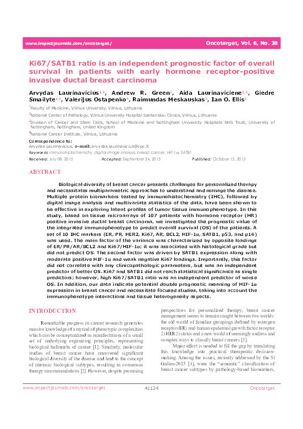 Ki67/SATB1 ratio is an independent prognostic factor of overall survival in patients with early hormone receptor-positive invasive ductal breast carcinoma Thumbnail