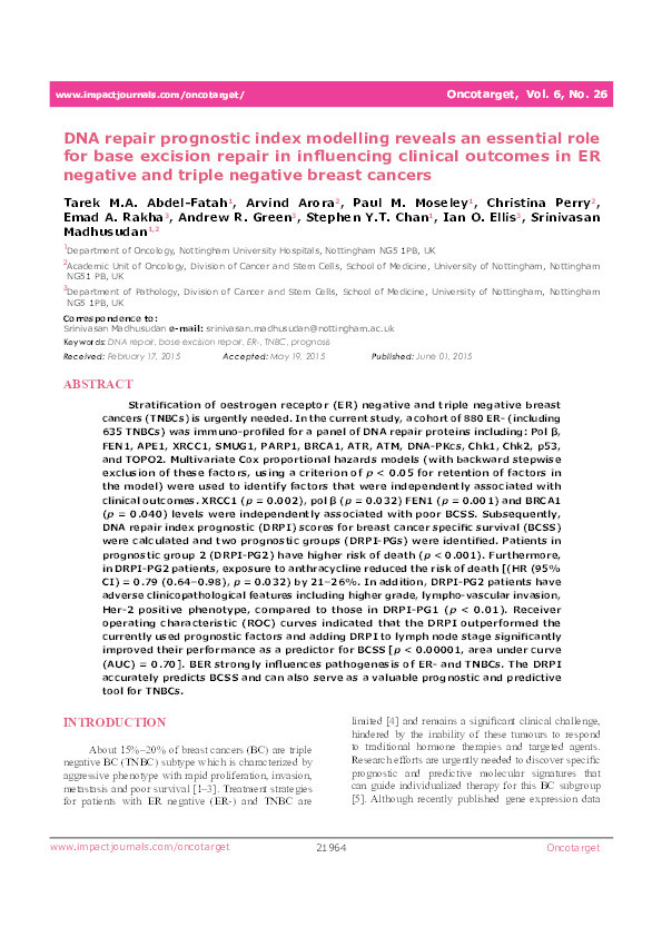 DNA repair prognostic index modelling reveals an essential role for base excision repair in influencing clinical outcomes in ER negative and triple negative breast cancers Thumbnail