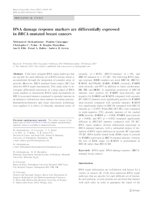 DNA damage response markers are differentially expressed in BRCA-mutated breast cancers Thumbnail