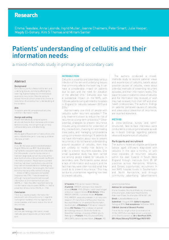 Uncertainty about cellulitis and unmet patient information needs: a mixed methods study in primary and secondary care Thumbnail
