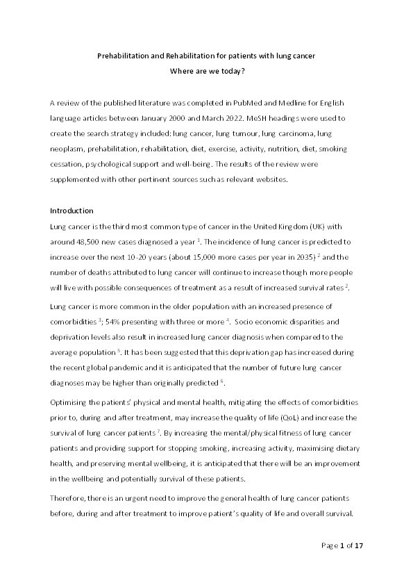 Prehabilitation and Rehabilitation for Patients with Lung Cancer: A Review of Where we are Today Thumbnail