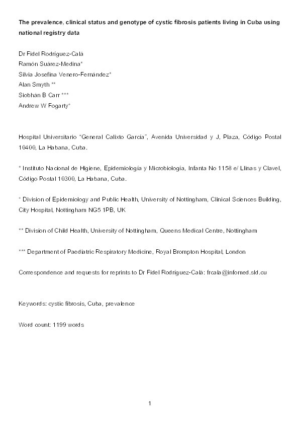The prevalence, clinical status and genotype of cystic fibrosis patients living in Cuba using national registry data Thumbnail