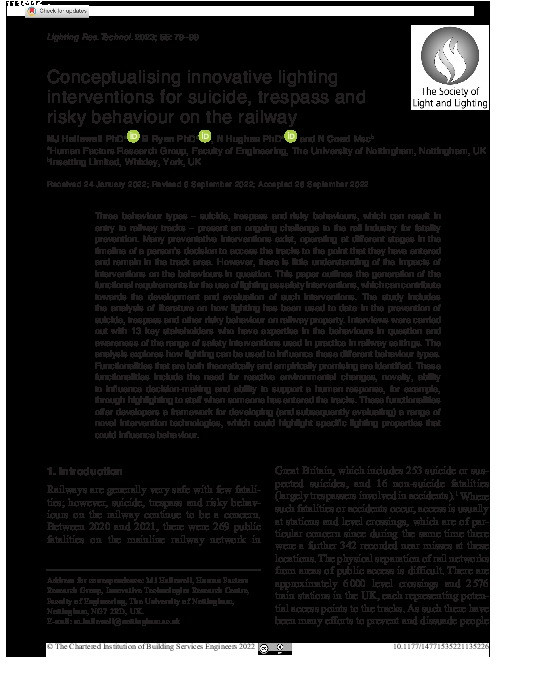 Conceptualising innovative lighting interventions for suicide, trespass and risky behaviour on the railway Thumbnail