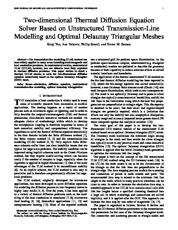 Two-Dimensional Thermal Diffusion Equation Solver Based on Unstructured Transmission-Line Modelling and Optimal Delaunay Triangular Meshes Thumbnail